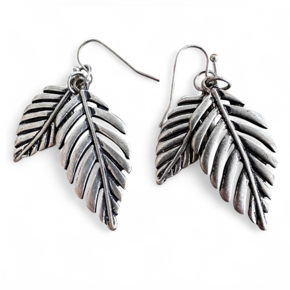 Silver Tone Tropical Leaf Earrings